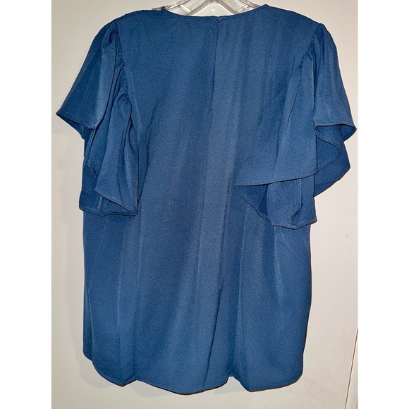 L Love Slate Blue Ruffled Sleeve Stud Top ~ S - Picture 2 of 2